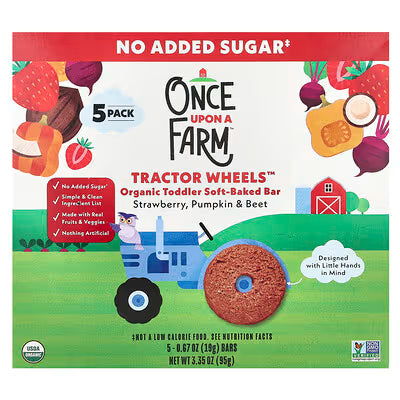 Once Upon A Farm, Organic Toddler Soft-Baked Bar Tractor Wheels™ (Strawberry, Pumpkin & Beet) 5 Bars(0.67 oz Each)