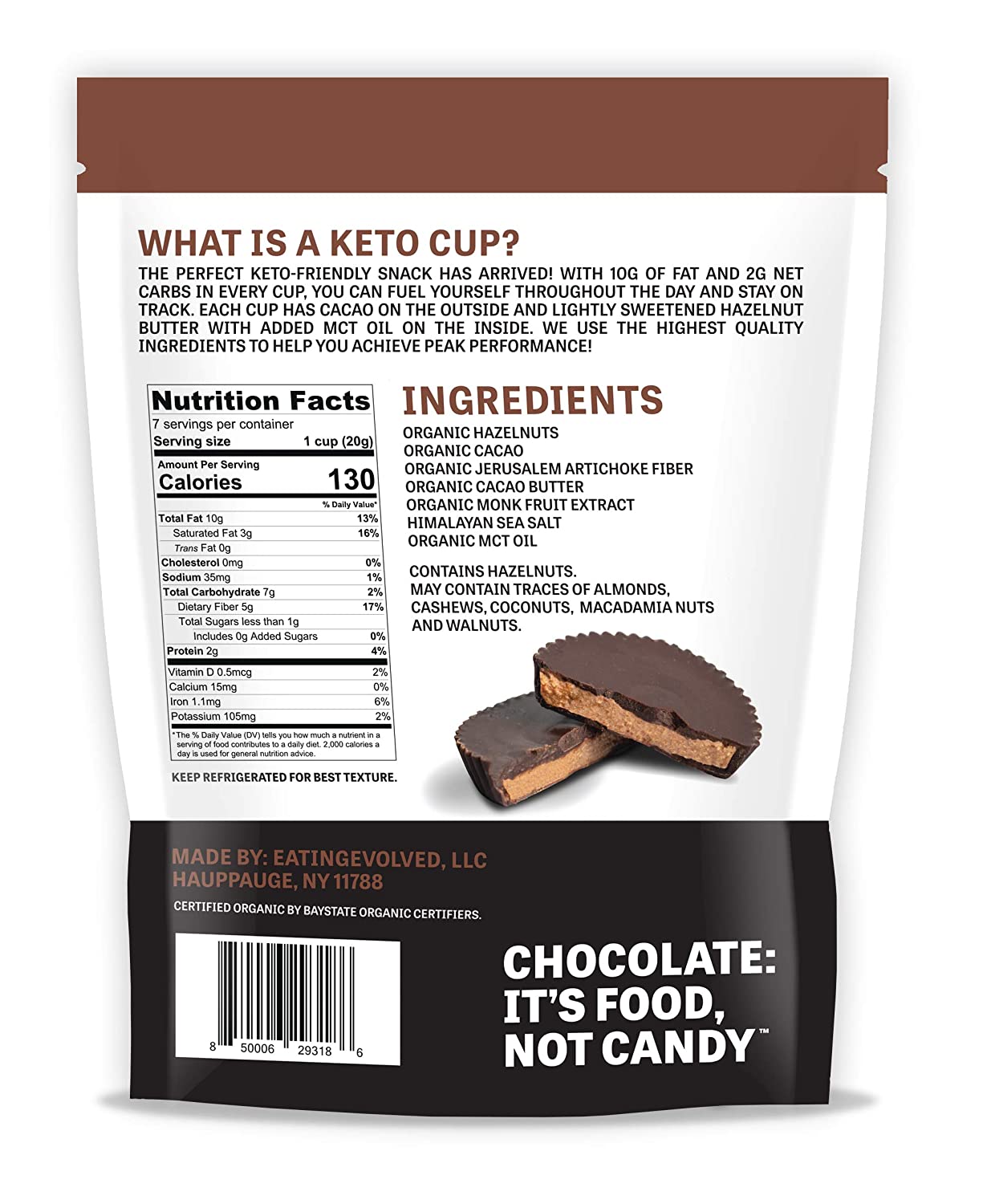 Evolved Chocolate, Hazelnut Butter Keto Cups 4.93oz (Chill) “best by 29Mar25”