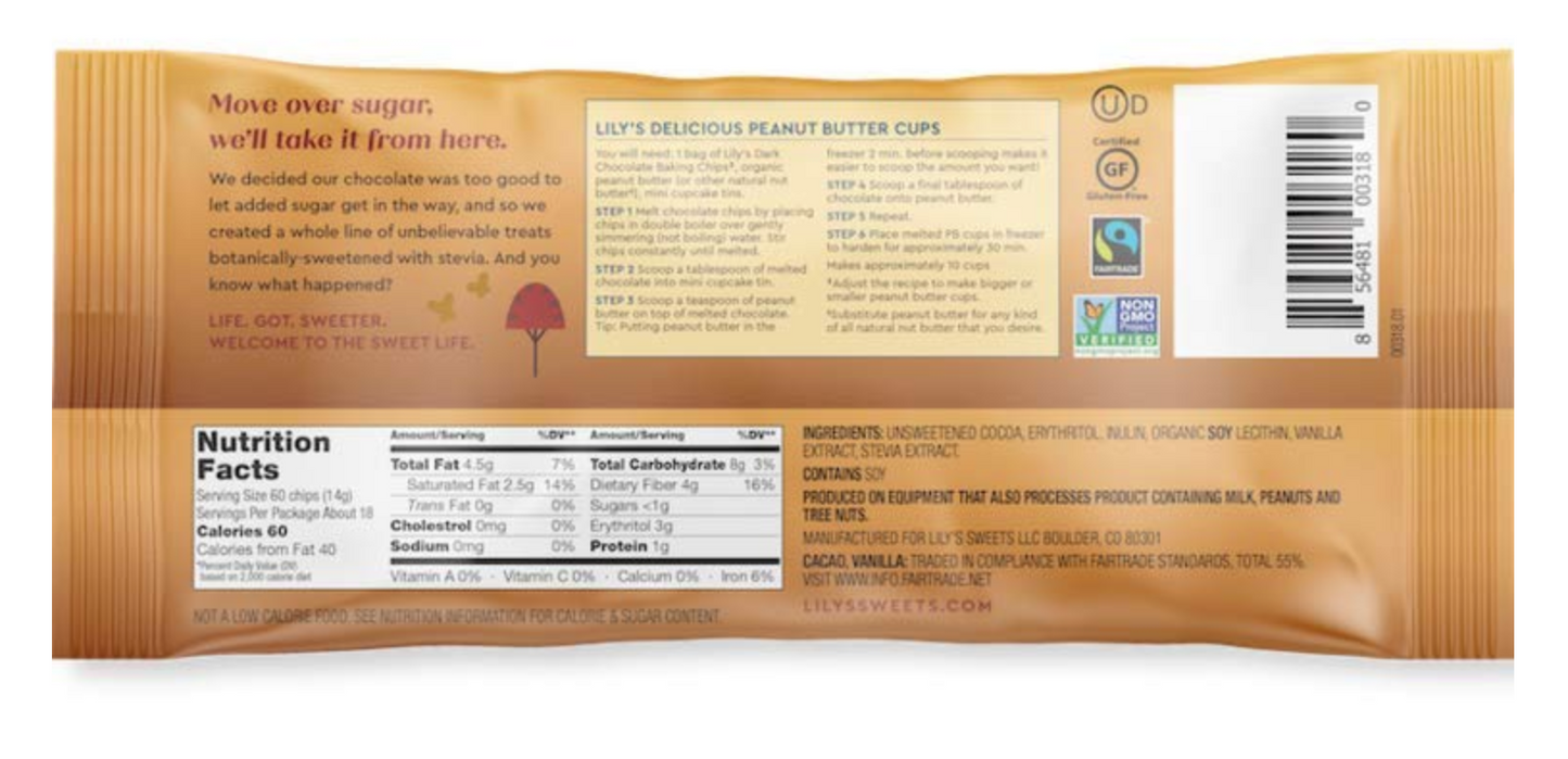 Lily's Sweets, Stevia Sweetened Gluten Free Dark Chocolate Baking Chips 9oz (chill)