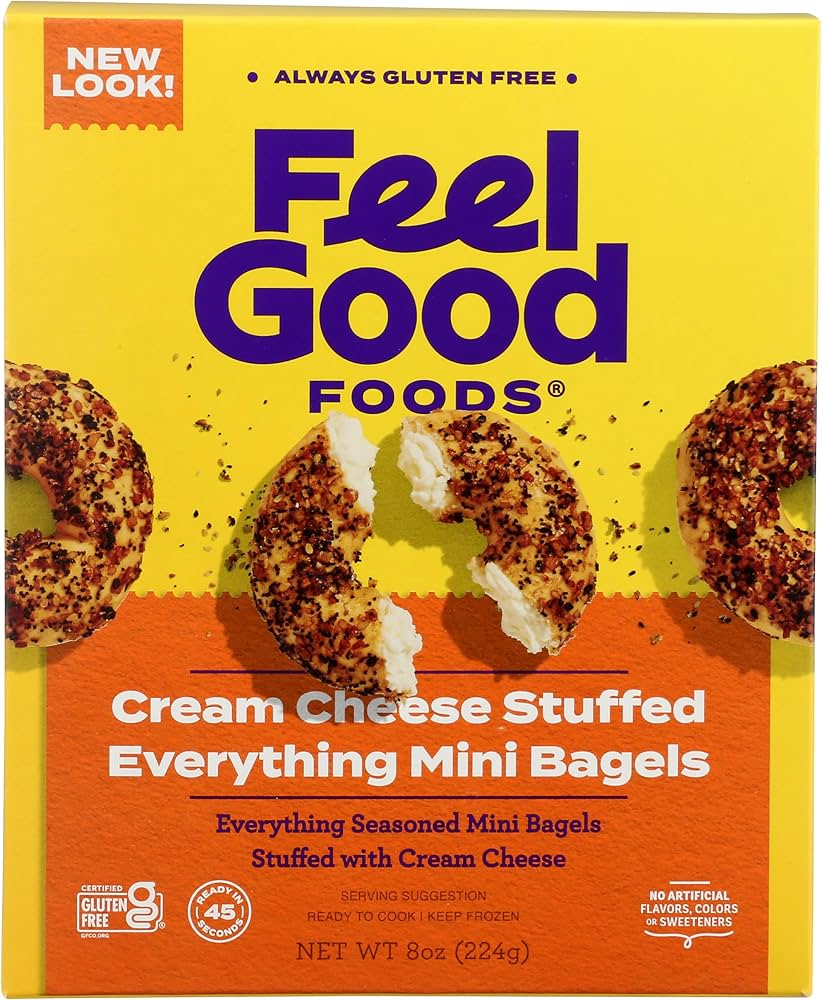 Feel Good Foods, Cream Cheese Stuffed Everything Mini Bagels 8oz (Frozen)