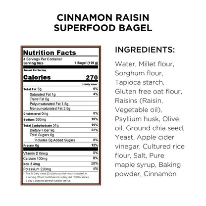 Queen St. Bakery, Vegan Gluten Free Superfood Bagels Cinnamon Raisin 16oz (Frozen)